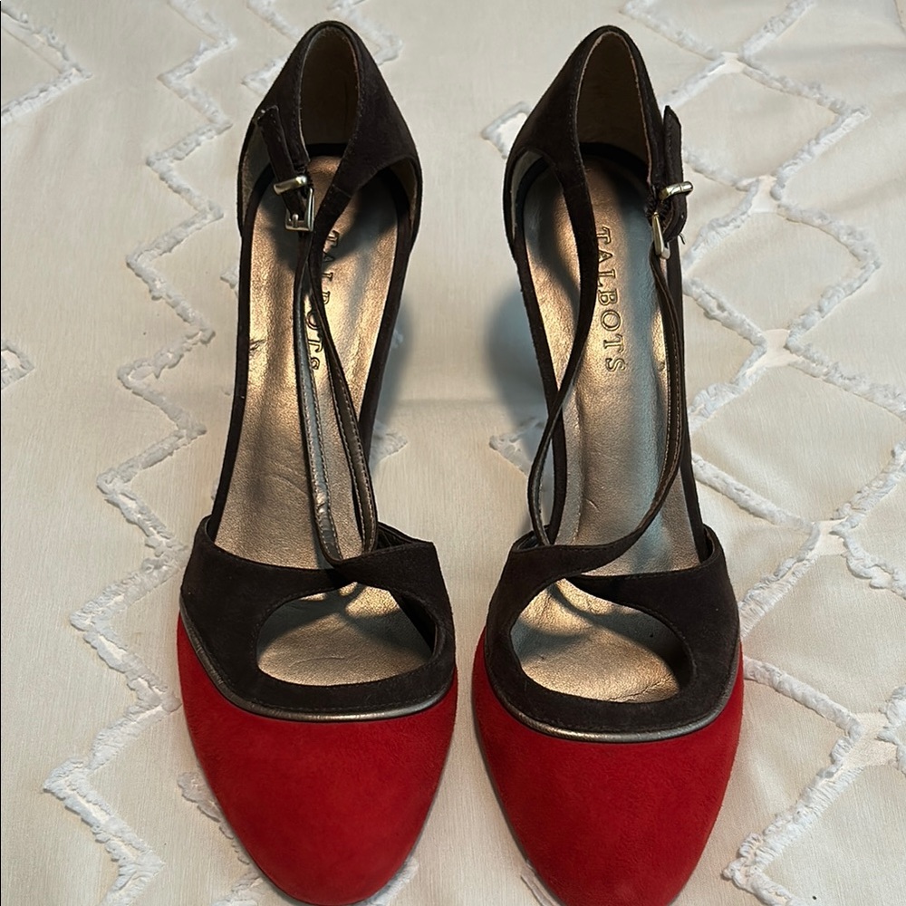 Talbots Red and Black Heels with Peep-Toe Design